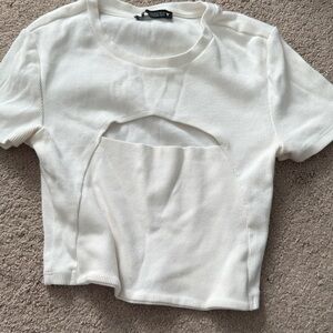 Zara Cream Ribbed Cut-Out Tee